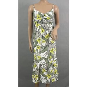 Banana Republic Dress Women 16 Green Tropical Floral Linen Blend Maxi Ruffle